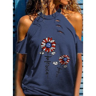 Women's T-shirts Flag Sunflower Print Cutout Cold Shoulder T-shirt