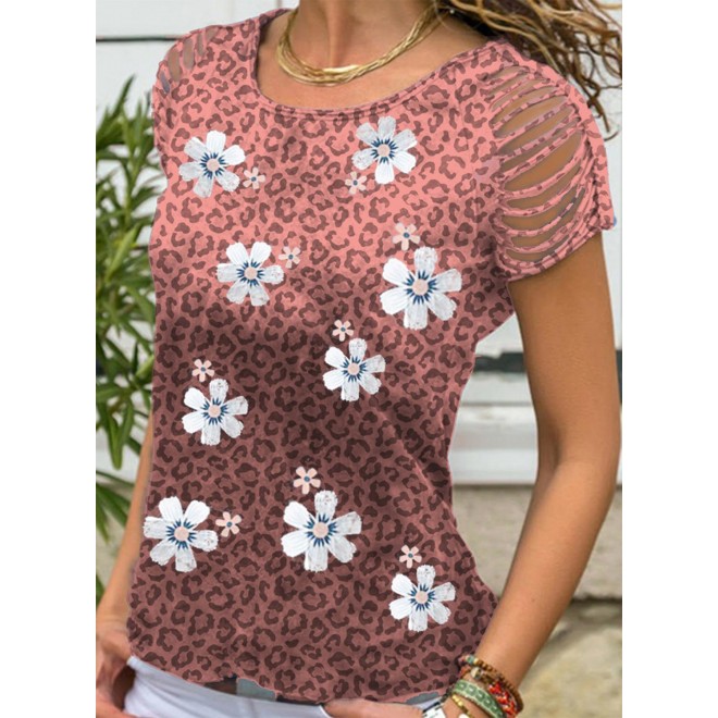 Women's T-shirts Leopard Floral Print Cutout T-shirt