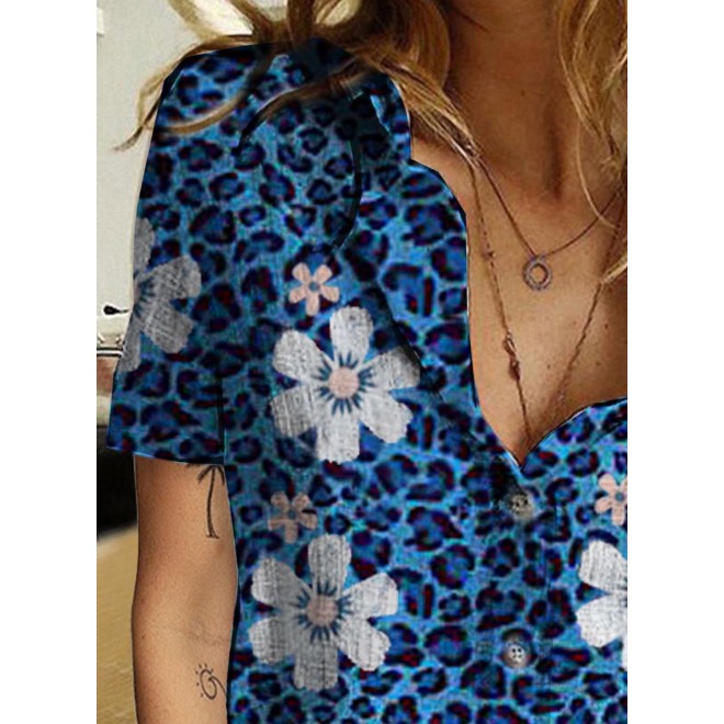 Women's Blouses Leopard Floral Button-up Blouse