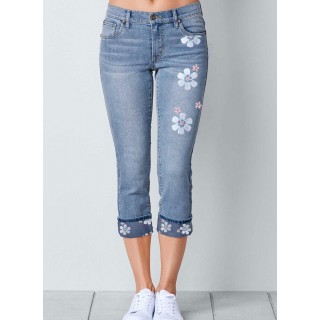 Women's Jeans Floral Slim Mid Waist Capris Jeans