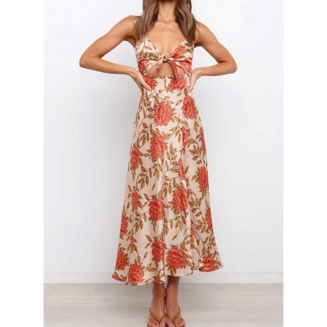 Women's Dresses Satin Floral Split Chest Knot Cutout Midi Dress
