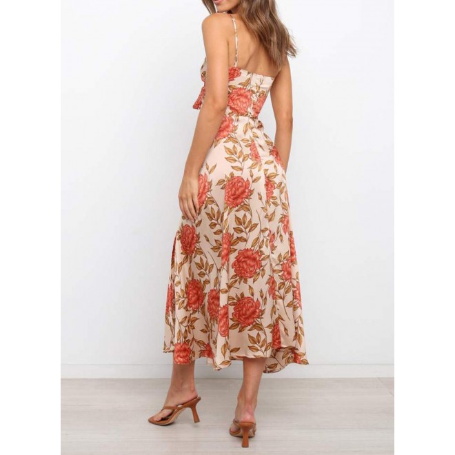 Women's Dresses Satin Floral Split Chest Knot Cutout Midi Dress