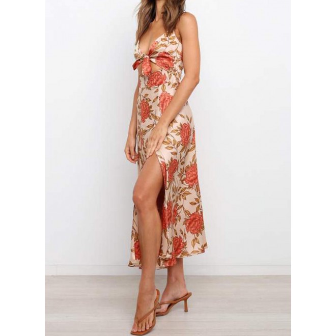 Women's Dresses Satin Floral Split Chest Knot Cutout Midi Dress
