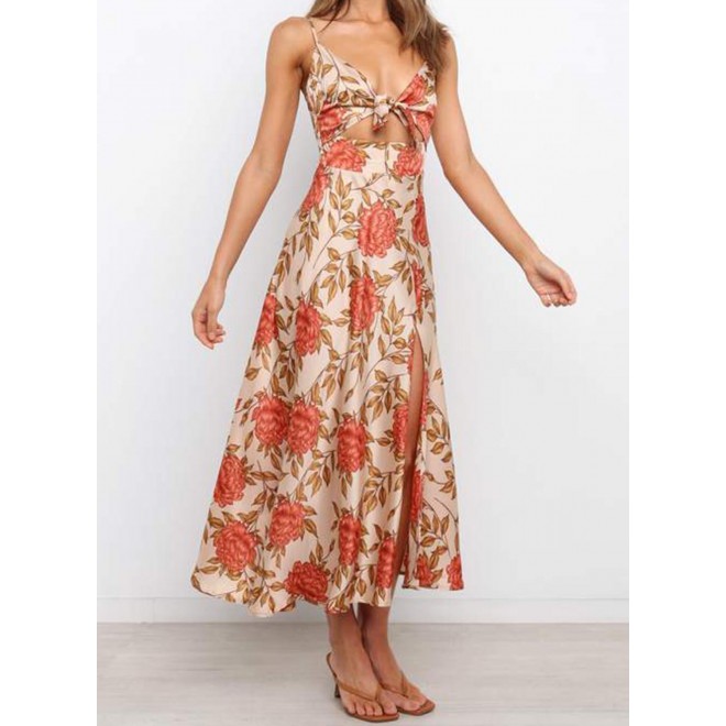 Women's Dresses Satin Floral Split Chest Knot Cutout Midi Dress