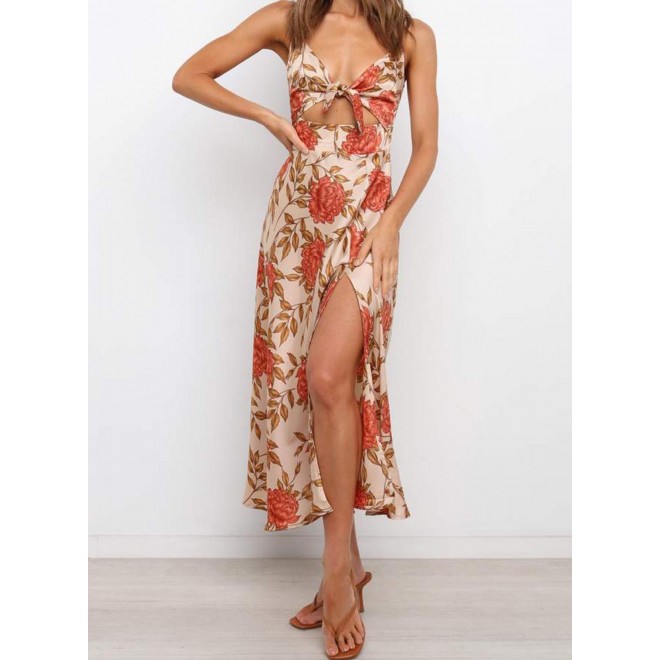 Women's Dresses Satin Floral Split Chest Knot Cutout Midi Dress