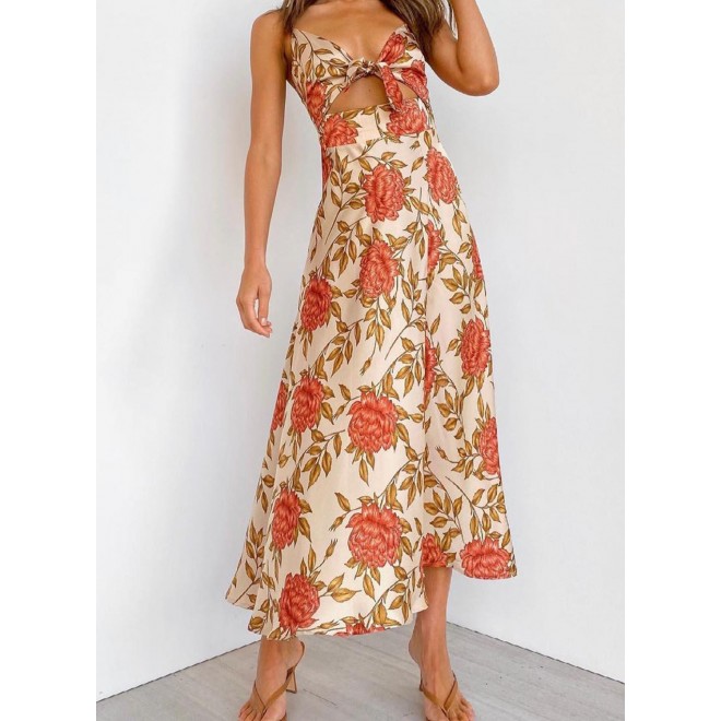 Women's Dresses Satin Floral Split Chest Knot Cutout Midi Dress