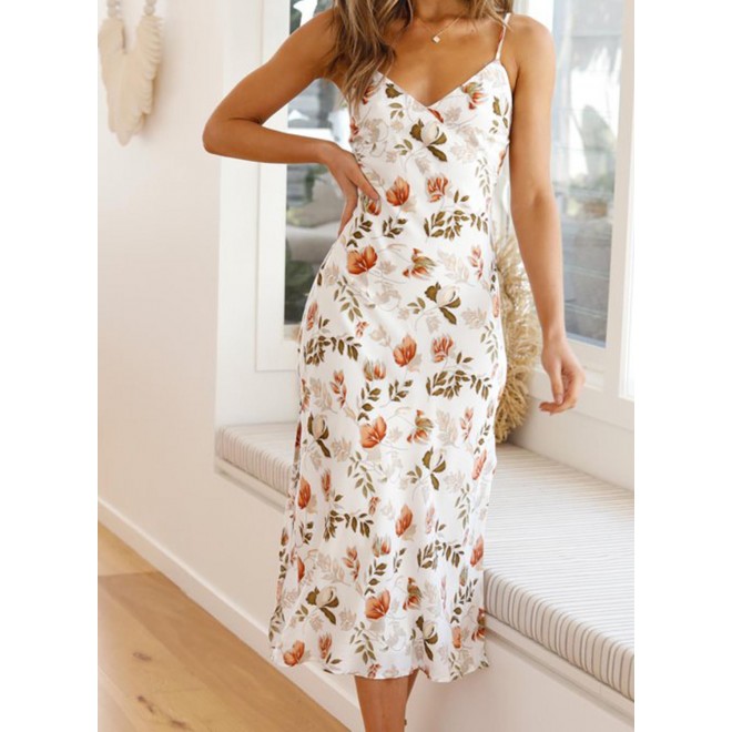Women's Dresses Floral Split Back Hollowed Knot Cami Midi Dress