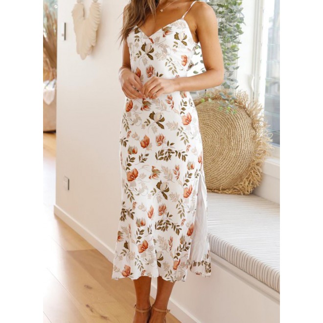 Women's Dresses Floral Split Back Hollowed Knot Cami Midi Dress