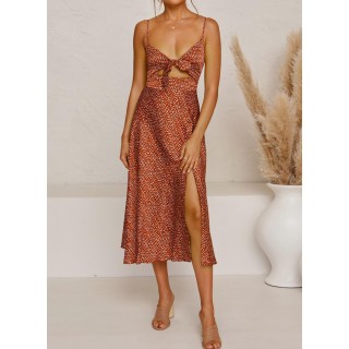 Women's Dresses Polka Dot Split Cutout Knot Cami Midi Dress