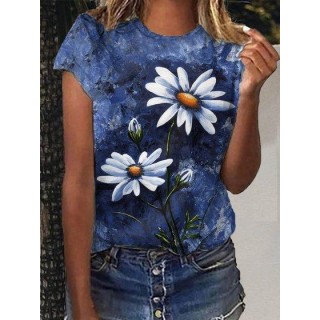 Women's Casual Crew Neck Short Sleeve Floral-Print Blue Shirts & Tops