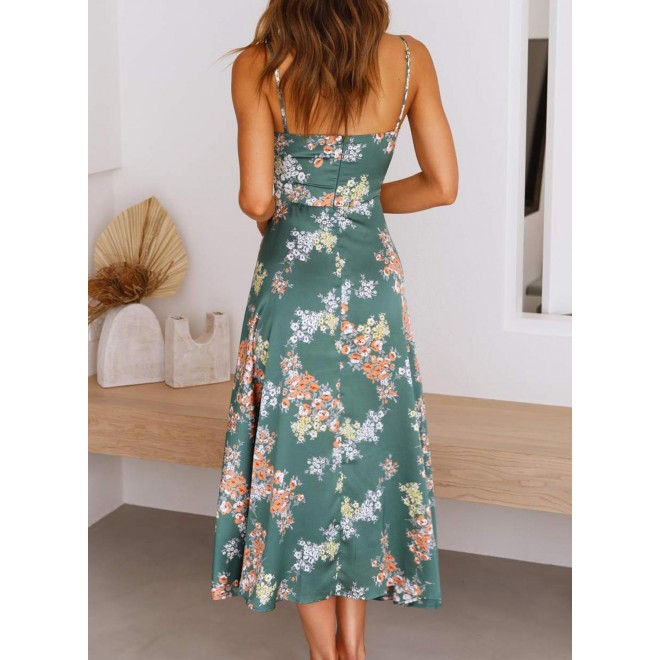 Women's Dresses Satin Floral Split Chest Knot Cutout Midi Dress