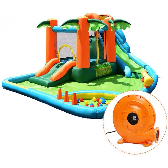 GOFLAME 7 in 1 Inflatable Water Slide, Jungle Theme Inflatable Bounce House with Two Slides, Jumping Area, Large Splash Pool, Water Cannon, Water Slide Pool Water Park for Kids (with 780W Air Blower)