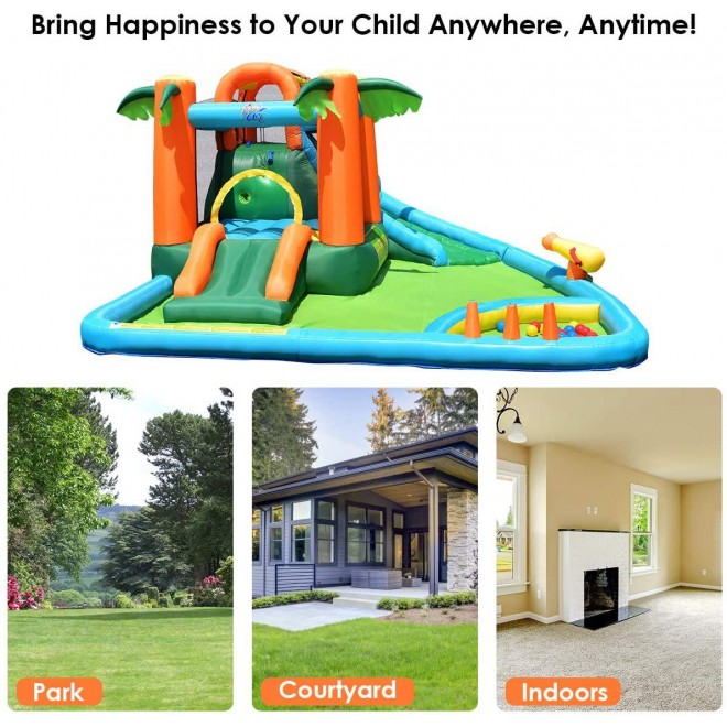 GOFLAME 7 in 1 Inflatable Water Slide, Jungle Theme Inflatable Bounce House with Two Slides, Jumping Area, Large Splash Pool, Water Cannon, Water Slide Pool Water Park for Kids (with 780W Air Blower)