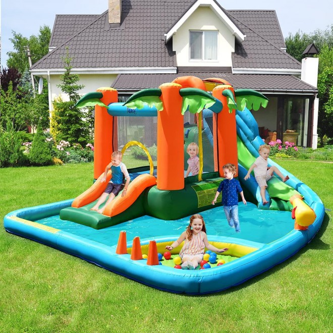 GOFLAME 7 in 1 Inflatable Water Slide, Jungle Theme Inflatable Bounce House with Two Slides, Jumping Area, Large Splash Pool, Water Cannon, Water Slide Pool Water Park for Kids (with 780W Air Blower)