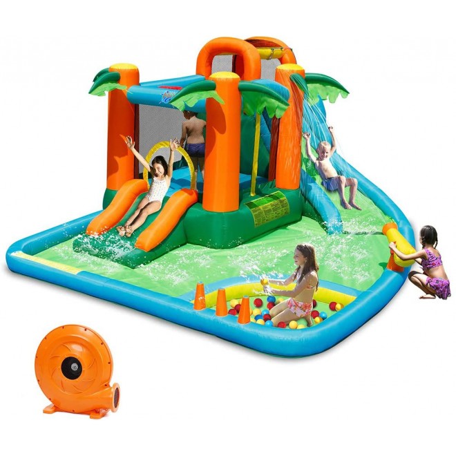 GOFLAME 7 in 1 Inflatable Water Slide, Jungle Theme Inflatable Bounce House with Two Slides, Jumping Area, Large Splash Pool, Water Cannon, Water Slide Pool Water Park for Kids (with 780W Air Blower)