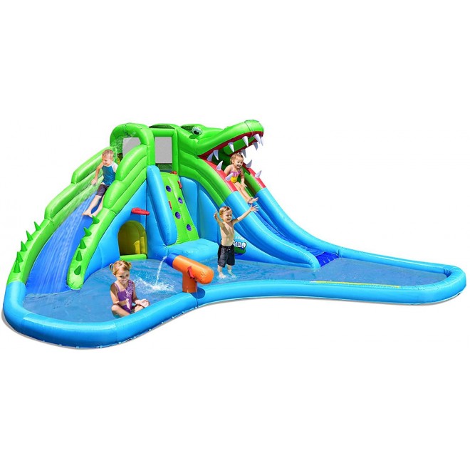 Costzon Inflatable Water Park, Giant 7 in 1 Crocodile Bounce House w/Two Water Slides, Climb Wall, Basketball Rim, Tunnel, Kids Water Pool, Including Carry Bag, Hose, Repair Kit (Without Blower)