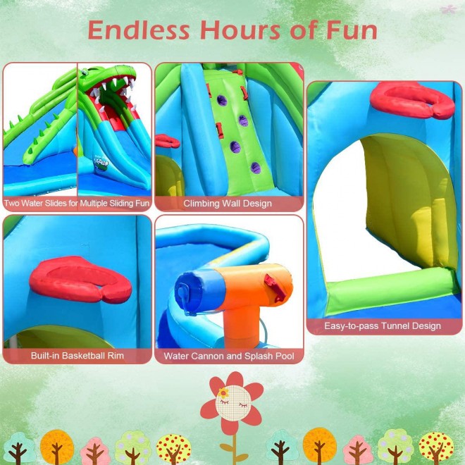 Costzon Inflatable Water Park, Giant 7 in 1 Crocodile Bounce House w/Two Water Slides, Climb Wall, Basketball Rim, Tunnel, Kids Water Pool, Including Carry Bag, Hose, Repair Kit (Without Blower)