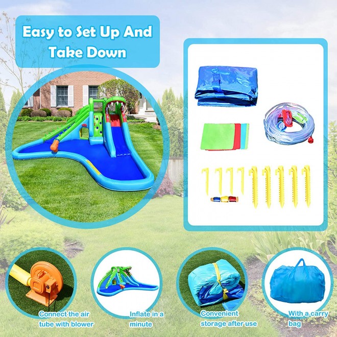 Costzon Inflatable Water Park, Giant 7 in 1 Crocodile Bounce House w/Two Water Slides, Climb Wall, Basketball Rim, Tunnel, Kids Water Pool, Including Carry Bag, Hose, Repair Kit (Without Blower)