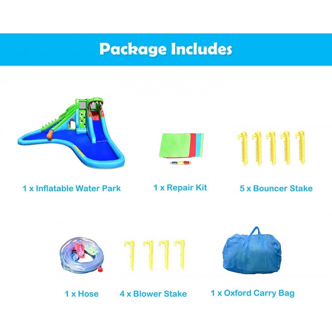 Costzon Inflatable Water Park, Giant 7 in 1 Crocodile Bounce House w/Two Water Slides, Climb Wall, Basketball Rim, Tunnel, Kids Water Pool, Including Carry Bag, Hose, Repair Kit (Without Blower)