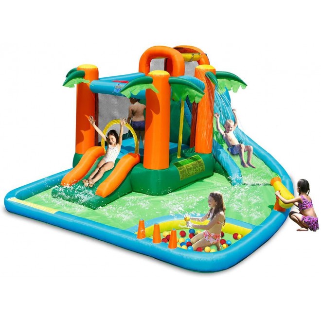 Costzon Inflatable Water Slide, 7 in 1 Jungle Water Park w/ Two Slides, Jumping Area, Climbing Wall, Basketball Rim, Large Splash Pool, Water Cannon, Castle Bounce House for Kids (Without Blower)