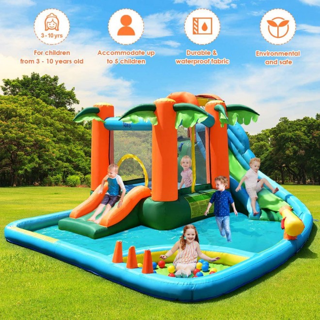 Costzon Inflatable Water Slide, 7 in 1 Jungle Water Park w/ Two Slides, Jumping Area, Climbing Wall, Basketball Rim, Large Splash Pool, Water Cannon, Castle Bounce House for Kids (Without Blower)