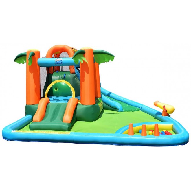 Costzon Inflatable Water Slide, 7 in 1 Jungle Water Park w/ Two Slides, Jumping Area, Climbing Wall, Basketball Rim, Large Splash Pool, Water Cannon, Castle Bounce House for Kids (Without Blower)