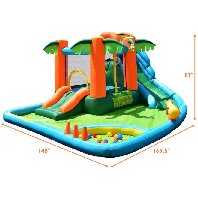 Costzon Inflatable Water Slide, 7 in 1 Jungle Water Park w/ Two Slides, Jumping Area, Climbing Wall, Basketball Rim, Large Splash Pool, Water Cannon, Castle Bounce House for Kids (Without Blower)