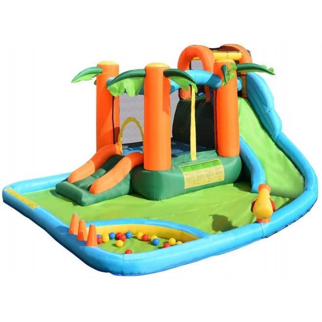 Costzon Inflatable Water Slide, 7 in 1 Jungle Water Park w/ Two Slides, Jumping Area, Climbing Wall, Basketball Rim, Large Splash Pool, Water Cannon, Castle Bounce House for Kids (Without Blower)