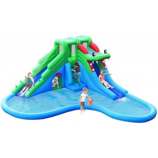 BOUNTECH Inflatable Water Park, Giant 7 in 1 Crocodile Bounce House w/Two Water Slides, Climb Wall, Basketball Rim, Tunnel, Splash Pool, Including Carry Bag, Hose, Repair Kit (Without Blower)