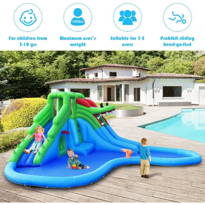BOUNTECH Inflatable Water Park, Giant 7 in 1 Crocodile Bounce House w/Two Water Slides, Climb Wall, Basketball Rim, Tunnel, Splash Pool, Including Carry Bag, Hose, Repair Kit (Without Blower)
