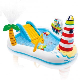 Aimir Kids Inflatable Swimming Pool, Gold Coast Lighthouse Spray Swimming Pool with Slide Summer Children's Water Toys Outdoor Garden Family Game Center