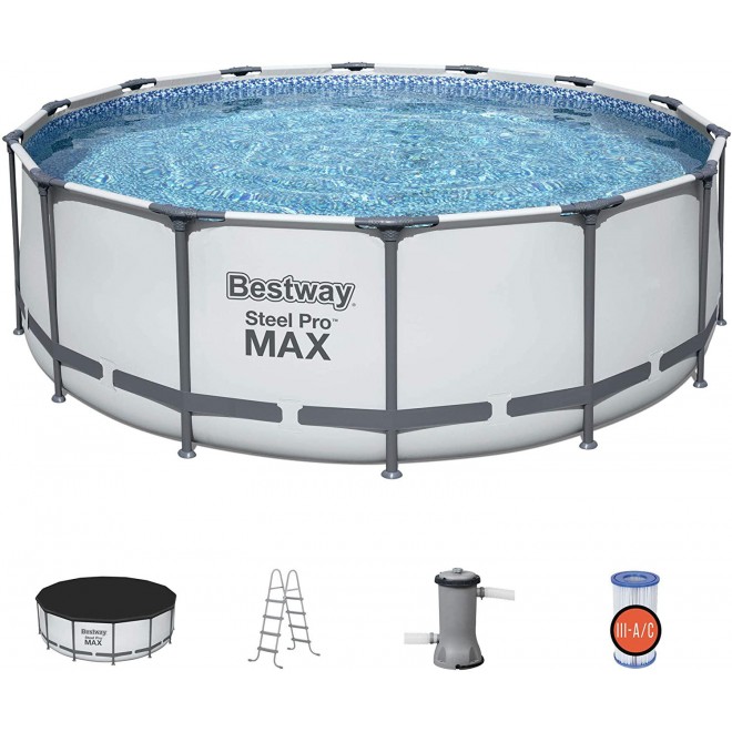 Bestway 5613HE Steel Pro MAX 14 x 4 Foot Puncture Resistant PVC Liner Above Ground Round Pool Set with Ladder, Cover, and Filter Pump