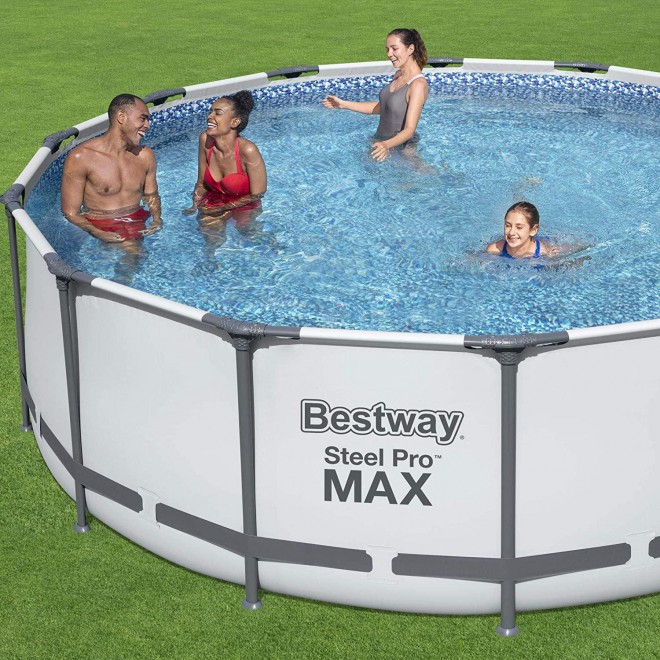 Bestway 5613HE Steel Pro MAX 14 x 4 Foot Puncture Resistant PVC Liner Above Ground Round Pool Set with Ladder, Cover, and Filter Pump