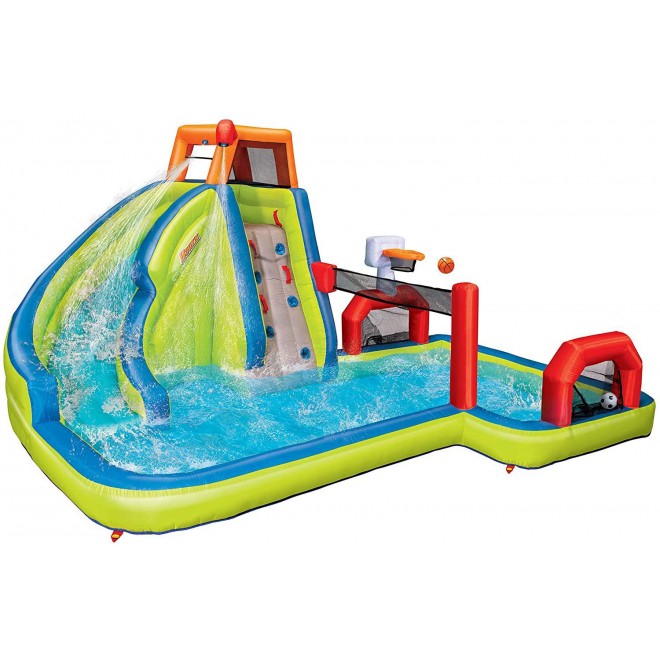 Banzai Aqua Sports 15' x 13' x 8' Kids Inflatable 3-in-1 Backyard Water Slide Splash Park w/ Climbing Wall, Basketball Hoop, Volleyball Court and Pool