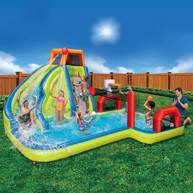 Banzai Aqua Sports 15' x 13' x 8' Kids Inflatable 3-in-1 Backyard Water Slide Splash Park w/ Climbing Wall, Basketball Hoop, Volleyball Court and Pool