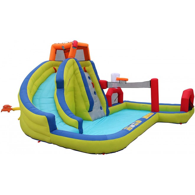 Banzai Aqua Sports 15' x 13' x 8' Kids Inflatable 3-in-1 Backyard Water Slide Splash Park w/ Climbing Wall, Basketball Hoop, Volleyball Court and Pool