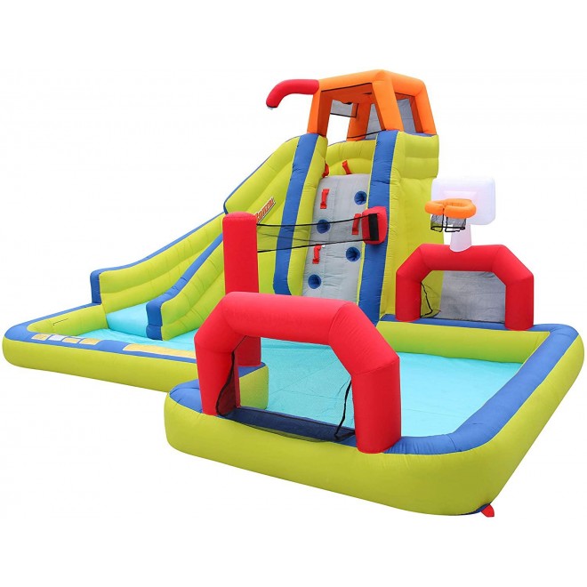 Banzai Aqua Sports 15' x 13' x 8' Kids Inflatable 3-in-1 Backyard Water Slide Splash Park w/ Climbing Wall, Basketball Hoop, Volleyball Court and Pool