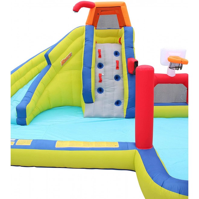Banzai Aqua Sports 15' x 13' x 8' Kids Inflatable 3-in-1 Backyard Water Slide Splash Park w/ Climbing Wall, Basketball Hoop, Volleyball Court and Pool