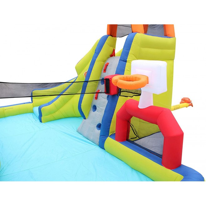 Banzai Aqua Sports 15' x 13' x 8' Kids Inflatable 3-in-1 Backyard Water Slide Splash Park w/ Climbing Wall, Basketball Hoop, Volleyball Court and Pool