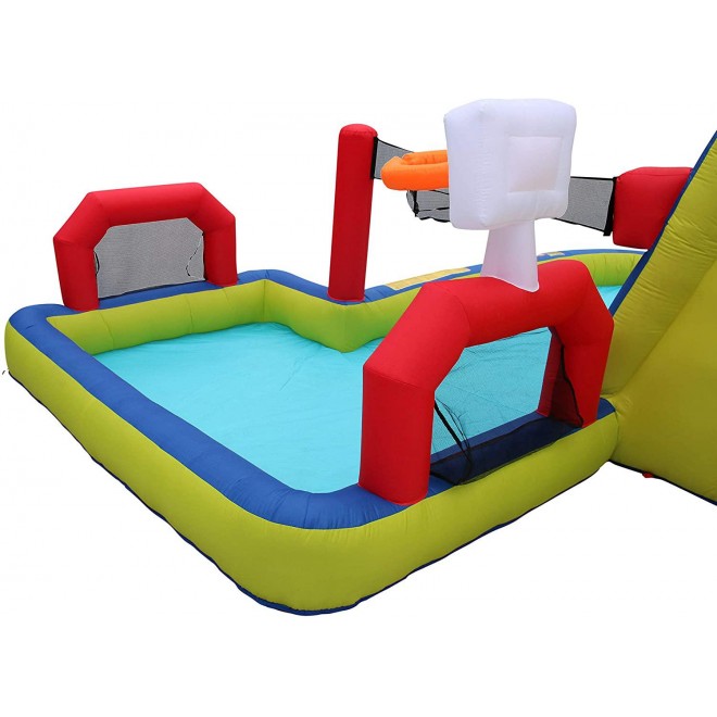 Banzai Aqua Sports 15' x 13' x 8' Kids Inflatable 3-in-1 Backyard Water Slide Splash Park w/ Climbing Wall, Basketball Hoop, Volleyball Court and Pool