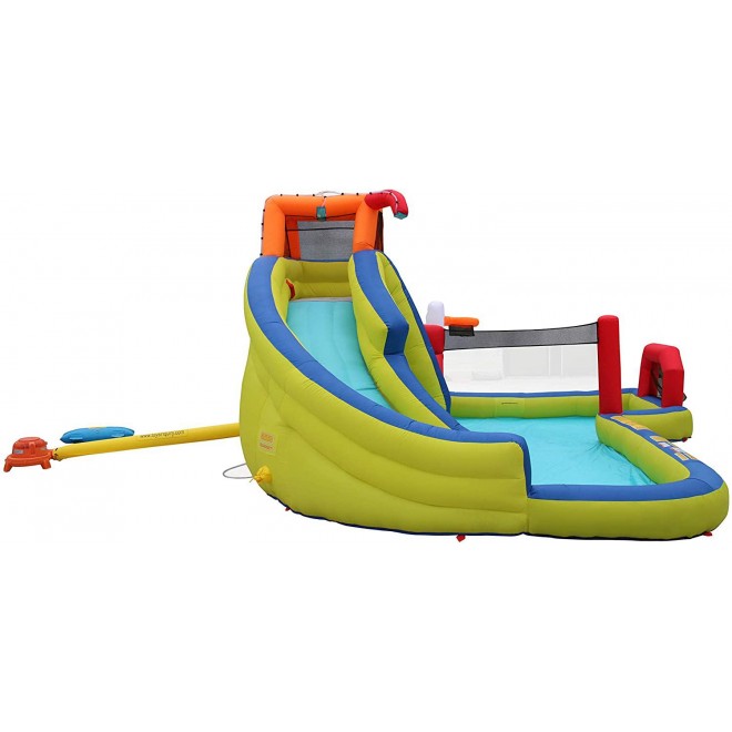 Banzai Aqua Sports 15' x 13' x 8' Kids Inflatable 3-in-1 Backyard Water Slide Splash Park w/ Climbing Wall, Basketball Hoop, Volleyball Court and Pool