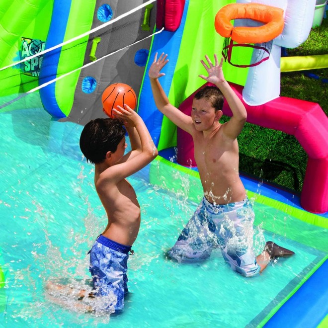 Banzai Aqua Sports 15' x 13' x 8' Kids Inflatable 3-in-1 Backyard Water Slide Splash Park w/ Climbing Wall, Basketball Hoop, Volleyball Court and Pool