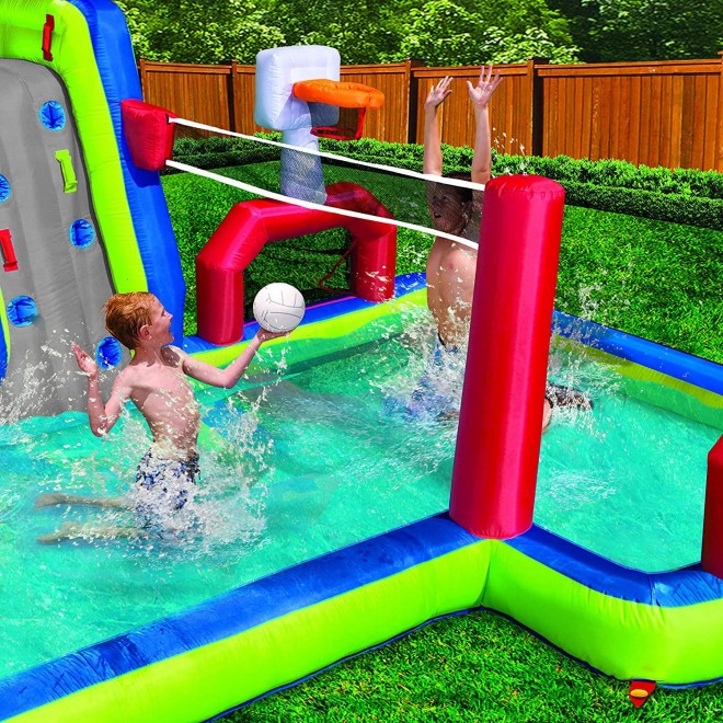Banzai Aqua Sports 15' x 13' x 8' Kids Inflatable 3-in-1 Backyard Water Slide Splash Park w/ Climbing Wall, Basketball Hoop, Volleyball Court and Pool