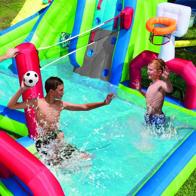 Banzai Aqua Sports 15' x 13' x 8' Kids Inflatable 3-in-1 Backyard Water Slide Splash Park w/ Climbing Wall, Basketball Hoop, Volleyball Court and Pool