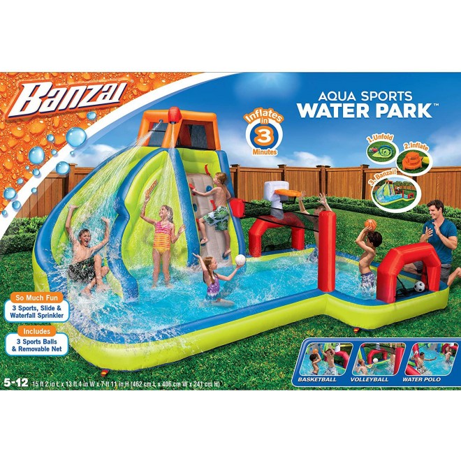 Banzai Aqua Sports 15' x 13' x 8' Kids Inflatable 3-in-1 Backyard Water Slide Splash Park w/ Climbing Wall, Basketball Hoop, Volleyball Court and Pool