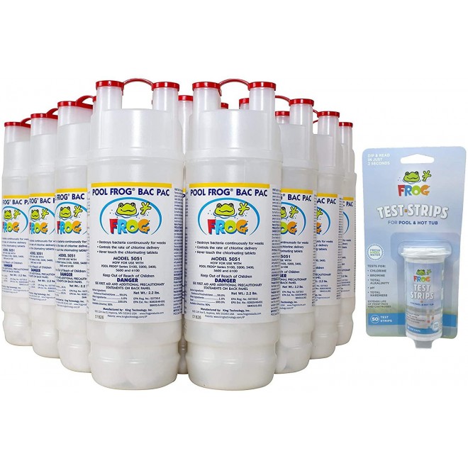 Pool Frog Bac Pac Chlorine Cartridge Refill 12-Pack – Model 5051 Fits Pool Frog 6100, 5400, 5100, 5200, 5600 (with Bonus Pool Frog Test Strip 50 Pack)