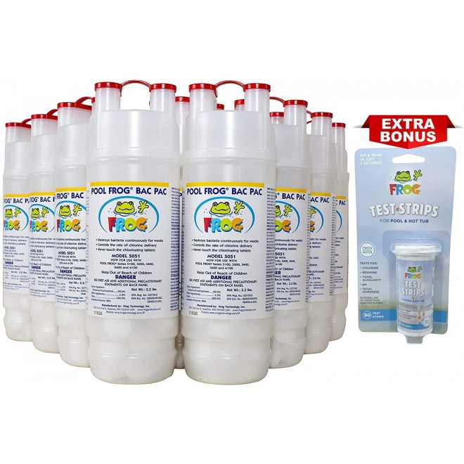 Pool Frog Bac Pac Chlorine Cartridge Refill 12-Pack – Model 5051 Fits Pool Frog 6100, 5400, 5100, 5200, 5600 (with Bonus Pool Frog Test Strip 50 Pack)