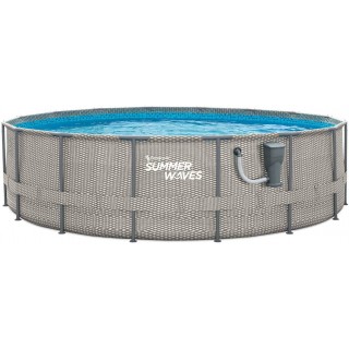 Summer Waves Active Metal Frame 16 Foot x 48 Inch Round Above Ground Wicker Gray Swimming Pool Set with Skimmer Plus Pool Filter Pump and Type C Filter Cartridge, Gray Rattan