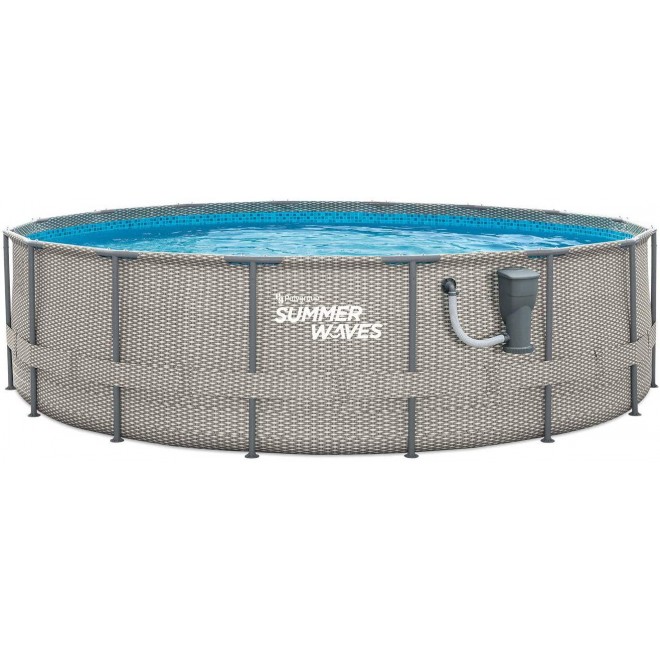 Summer Waves Active Metal Frame 16 Foot x 48 Inch Round Above Ground Wicker Gray Swimming Pool Set with Skimmer Plus Pool Filter Pump and Type C Filter Cartridge, Gray Rattan