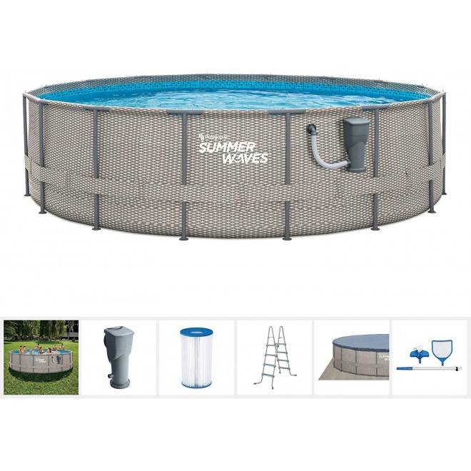 Summer Waves Active Metal Frame 16 Foot x 48 Inch Round Above Ground Wicker Gray Swimming Pool Set with Skimmer Plus Pool Filter Pump and Type C Filter Cartridge, Gray Rattan